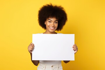 Beautiful young black woman with a cheerful smile holding a blank card in the studio on a yellow background.