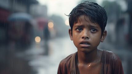 Poor and sad Indian boy on a flooded and polluted street after heavy rain	
