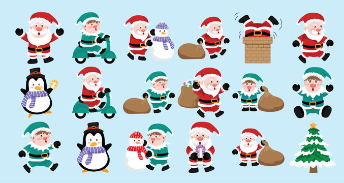 Set of cartoon Christmas isolated on background. Cute Santa Claus character with gift, bag with presents, waving and greeting.objects For Christmas cards, banners, tags and labels.vector.