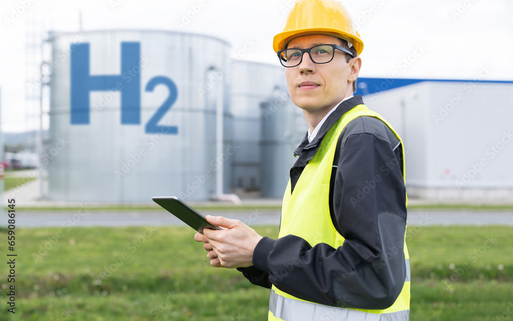 Poster engineer with digital tablet on a background of gas tanks