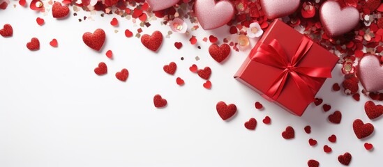 Valentine s Day theme with gift box on white background flat lay top view