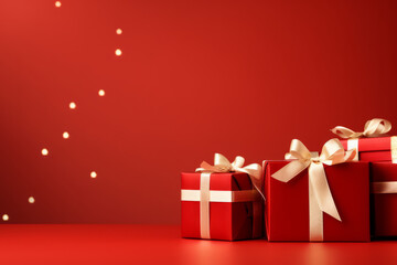 Wrapped gifts in festive red with golden ribbons for holiday celebrations and special occasions, generative ai
