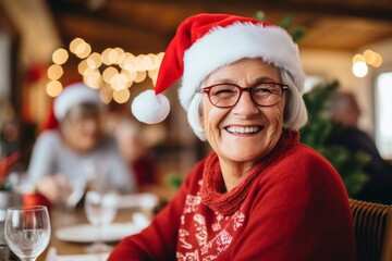 Smiling portrait of a happy senior caucasian woman in a nursing home wearing a Christmas hat - Powered by Adobe
