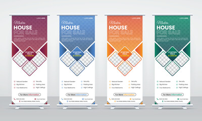 Modern real estate agency house or home for sale rollup pullup banner, standee, x banner, signage advertising design for business sales promotion with place for photos, editable premium vector layout
