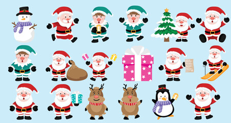 Set of cartoon Christmas isolated on background. Cute Santa Claus character with gift, bag with presents, waving and greeting.objects For Christmas cards, banners, tags and labels.vector.