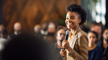 An impassioned young African American woman engages in public speaking, conveying strong emotions to her audience. - obrazy, fototapety, plakaty