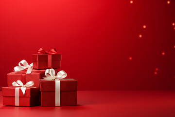 Wrapped gifts in festive red with golden ribbons for holiday celebrations and special occasions, generative ai
