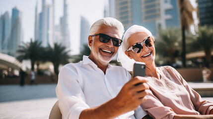 Senior couple man and woman on vacation take a selfie on a smartphone.