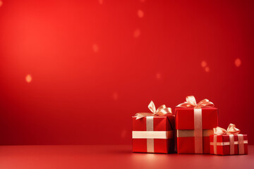 Wrapped gifts in festive red with golden ribbons for holiday celebrations and special occasions, generative ai