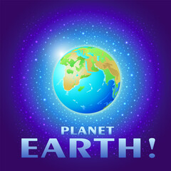Planet EARTH with Africa, Europe and oceans in space with stars with the inscription PLANET EARTH on a dark blue square background. The world, the cosmos, the universe, infinity. Vector graphics.