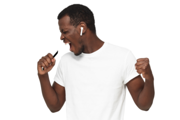 Young handsome african american man singing his favorite song, wearing blank white t-shirt