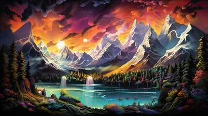 Fantasy landscape with mountains and lake. Digital painting.Melodic Landscapes ,music background.