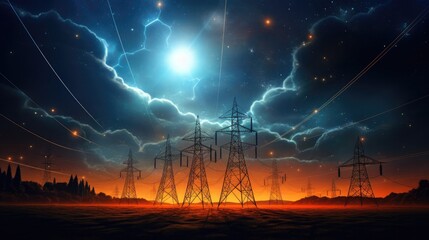 Electricity transmission towers with orange glowing wires the starry night sky. Energy infrastructure concept, energy, electricity, voltage, supply, pylon, technology - obrazy, fototapety, plakaty