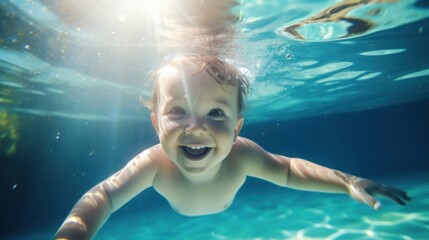 Obraz na płótnie Canvas Cute smiling baby having fun swimming and diving in the pool at the resort on summer vacation. Sun shines under water and sparkling water reflection. Activities and sports to happy kid