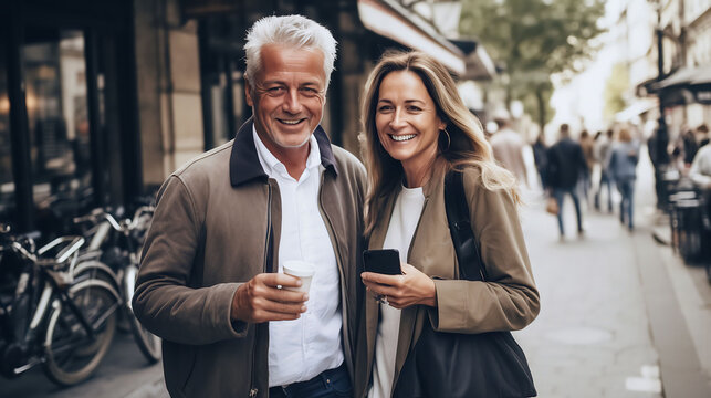 Senior couple, a man and a woman on vacation, walk down the street with smartphones in their hands.