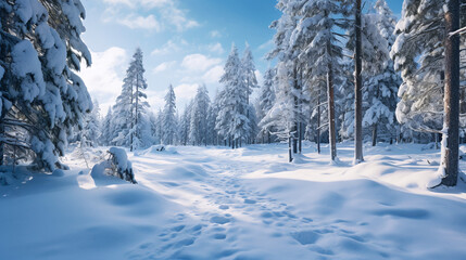 Fototapeta na wymiar Little tracks in the snow between trees
