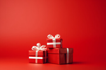 Obraz premium Wrapped gifts in festive red with golden ribbons for holiday celebrations and special occasions, generative ai
