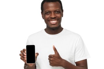 Young african american man wearing white t-shirt, showing blank phone screen and thumb up