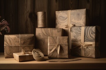 Festive gifts adorned in artistic patterns and wrapped tastefully in brown paper. Generative AI