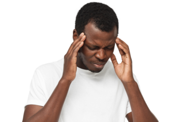 Young african american man suffering from headache, touching head with hands, migraine concept
