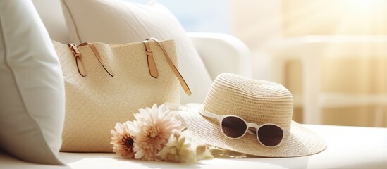 Women s summer beach accessories for travel and vacation including sunglasses hat bag and camera on a white couch with pillows Ideal for fashion blogs magazines and social media