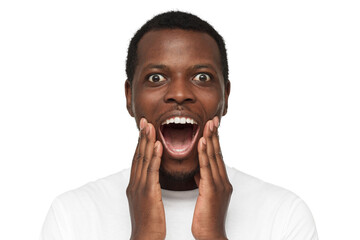 Close-up of shocked african american man shouting WOW with open mouth, surprised by low prices