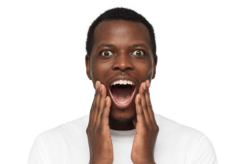 Close-up of shocked african american man shouting WOW with open mouth, surprised by low prices