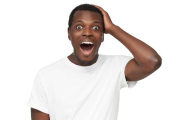 Surprised african american man in blank white t-shirt, looking at the camera with shock, holding hand on head