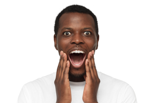 Close-up of shocked african american man shouting WOW with open mouth, surprised by low prices