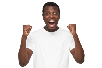 Shouting african american man celebrating win of his team, clenching fists in joyful euphoria as if feeling happy about victory