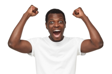 Screaming african american man, fan celebrating win of his team, clenching fists in joyful euphoria as if feeling happy about victory