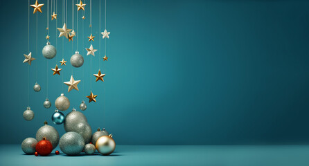 Abstract blue background with Christmas balls and golden stars. Greeting poster or flyer design. Copy space.