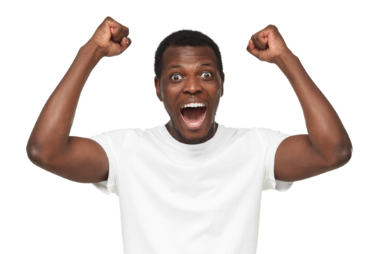 Screaming african american man, fan celebrating win of his team, clenching fists in joyful euphoria as if feeling happy about victory