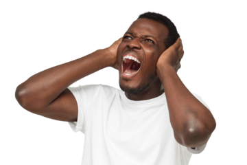 Young african man shout at noisy neighbours, black guy stressed by noise, closing ears with both hands
