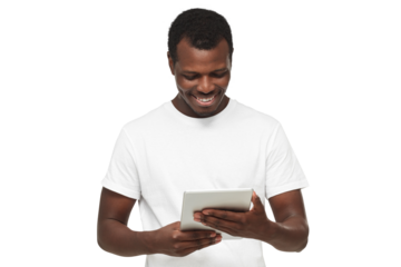 Young handsome african american man looking at screen of tablet