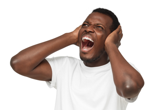 Young african man shout at noisy neighbours, black guy stressed by noise, closing ears with both hands
