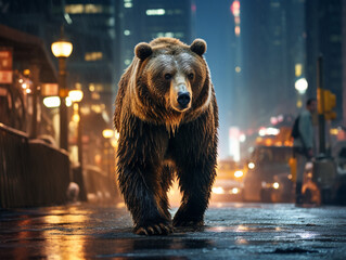 A Photo of a Bear on the Street of a Major City at Night