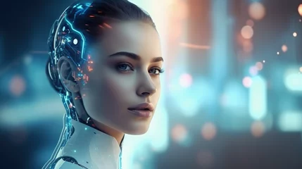 Fotobehang In this image, a futuristic AI android robot and a female cyborg coexist, embodying advanced technology and the AI chatbot ChatGPT concept. © B & G Media