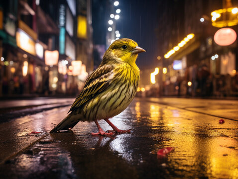 A Photo of a Canary on the Street of a Major City at Night