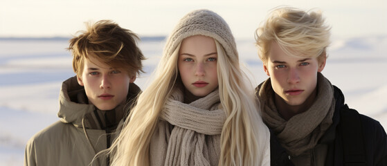 portrait of blond friends in a winter landscape - obrazy, fototapety, plakaty