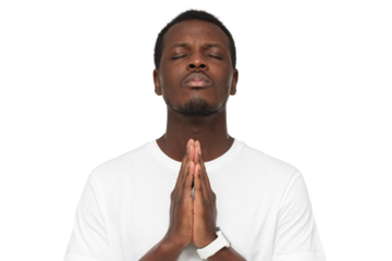 Close-up of young african man putting hands together, praying with closed eyes to find solution