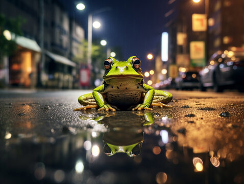 A Photo of a Frog on the Street of a Major City at Night