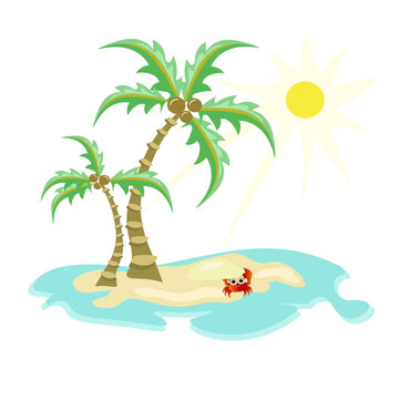 Vector illustration of small desert island with a palm trees, coconuts, sand, and crab. Тropical nature, sun in background. Template for social media posts, stories, banners, applications, covers