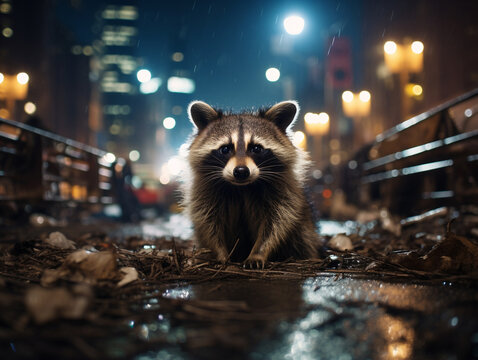 A Photo of a Raccoon on the Street of a Major City at Night