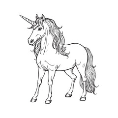 Black and white illustration of unicorn silhouette vector illustration on white background