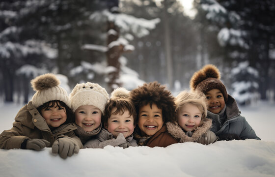 Portrait Of A Group Of Toddlers In A Winter Landscape