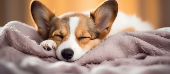Tricolored Welsh corgi puppy sleeping on a soft blanket after being fed receiving comfort and care Vet supervision Copy space available