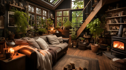 A charming cottage living room with a wood-burning stove, soft blankets, and a cat playfully chasing its tail while a dog peacefully naps nearby