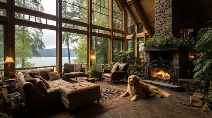 A lakeside cabin's great room with a massive stone fireplace, a cat nestled in a wicker chair, and a dog resting on a bear-themed rug, all in perfect harmony with nature's beauty