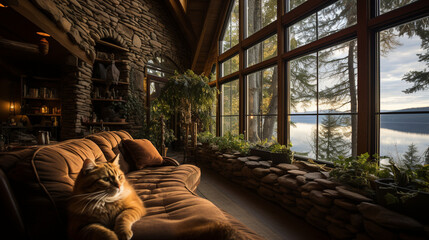 Fototapeta premium A lakeside cabin's great room with a massive stone fireplace, a cat nestled in a wicker chair, and a dog resting on a bear-themed rug, all in perfect harmony with nature's beauty